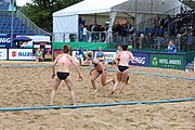 Deutsch: Beachhandball Europameisterschaften 2019 (Beach handball Euro); Tag 5: 6. Juli 2019 – Frauen, Platzierungsspiel für die Ränge 17–20, Nordmazedonien-Slowenien 0:2 (10:13, 9:15) English: Beach handball Euro; Day 5: 6 July 2019 – Placement Match/Cross Match for rank 17–20 Women – North Macedonia-Slovenia 0:2 (10:13, 9:15)