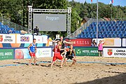 Deutsch: Beachhandball Europameisterschaften 2019 (Beach handball Euro); Tag 1: 2. Juli 2019 – Männer, Vorrunde Gruppe D, Polen-Schweden 2:1 (18:10, 15:9; 8:6) English: Beach handball Euro; Day 1: 2 July 2019 – Men Preliminary Round Group D – Poland-Sweden 2:1 (18:10, 15:9; 8:6)