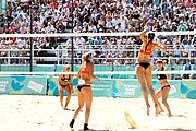 Deutsch: Beachvolleyball bei den Olympischen Jugendspielen 2018; Tag 9, 15. Oktober 2018; Mädchen, Viertelfinale: USA-Spanien 2–1 (21–19/17–21/15–9) English: Beach volleyball at the 2018 Summer Youth Olympics at 15 October 2018 – Girls Quarterfinals: USA-Spain 2–1 (21–19/17–21/15–9)