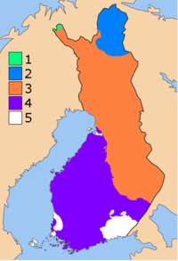 Map showing the large-scale geological units of Finland. The Lapland Granulite Belt and the Inari complex (2) are shown in blue. The Older Karelian Domain (3) is orange coloured. Bedrock of Finland.png