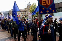 Pro-EU protester in Birmingham blames Russia for Brexit, September 2018 Birmingham Bin-Brexit rally for the Conservative Party conference, organised by EU in Brum, September 30, 2018 22.jpg