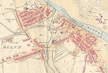 A map of Blyth, circa 1860: the old part of the town is to the right; the houses of Waterloo and Cowpen Quay are to the bottom-left and top-left respectively. Also depicted are "the Gut" (or "Slake") and the first Blyth railway station. Blyth map c.1860.jpg