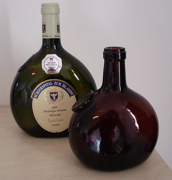 German wine from Franken in the characteristic round bottles (Bocksbeutel)