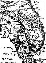 Booster map of 1898 showing claimed proximity of the "Gold Belt" to the Stikine river steamboat terminus. Booster map Stikine River route to Klondike.jpg