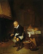 Old man by the fireside label QS:Len,"Old man by the fireside" label QS:Lpl,"Mężczyzna przygotowujący posiłek" label QS:Lfr,"Vieil homme au coin du feu" 1664. oil on panelmedium QS:P186,Q296955;P186,Q106857709,P518,Q861259. 45.5 × 36.4 cm (17.9 × 14.3 in). Kraków, Zamek Królewski na Wawelu.