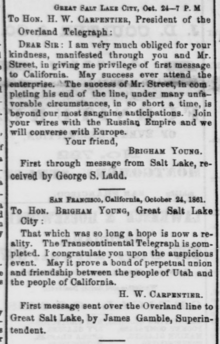 First messages sent between Utah Territory and California, as published by The Daily Alta California October 25, 1861. Brigham Young and Horace Carpentier telegrams, October 24, 1861 - Daily Alta California.png