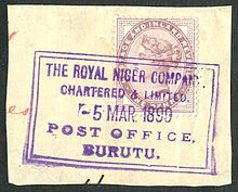 British stamps used at the Royal Niger Company base at Burutu in the 1890s. British stamps used at the Royal Niger Company, Burutu 1890s.jpg