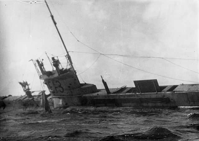 The British submarine HMS E13 aground at Saltholm in The Sound in 1915 before being attacked by German torpedo boats