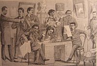 Karikatuur van de redactie van het humoristische tijdschrift De wekker (Будильник) met Tsjechov tweede van links, 1885