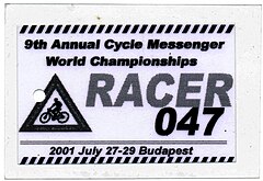 Racer spoke card from the Cycle Messenger World Championships, Budapest, Hungary, 2001 CWMC Budapest spokecard.jpg