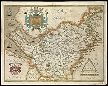 Map of Cheshire in 1577. Cestriae (Cheshire) Comitatus (Romanis Legionibus et Colonys olim infignis) vera et abfoluta effigies. Chriftophorus Saxton defcripfit. Francifcus Scatterus fculpfit Anno Dno 1577. RMG L8558-001.jpg