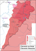 Charente : limites ouest de l'Occitanie (en rouge) correspondant à la Charente occitane.