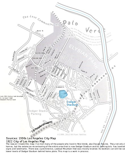 An overlay of modern and older municipal map information to show the relationship between the community of Palo Verde/Chavez Ravine, larger Echo Park; and current position of Dodger Stadium.