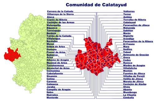 Locația Comunității de Calatayud în Aragon și localizarea municipalităților individuale