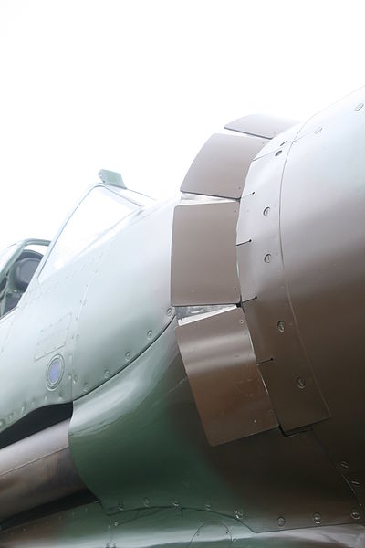  View of the starbord-side cowl flaps at the back of the engine cowling on a CAC Boomerang, looking back from a position near the propellor.
