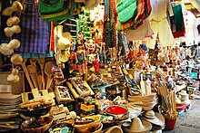 Wood and fiber crafts for sale at the municipal market in Patzcuaro. CraftsPatzWood.JPG