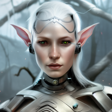 A "cyborg elf" generated by Stable Diffusion Cyborg elf, science fantasy, Stable Diffusion AI art.png