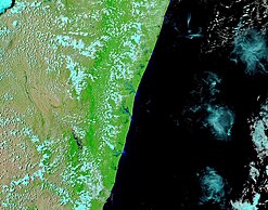 False-color satellite imagery of flooding in Madagascar on 10 February Cyclone Batsirai Floods Madagascar on 10 February 2022.jpg