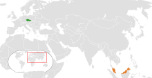 Česko (zelená) a Malajsie (oranžová) na mapě Eurasie