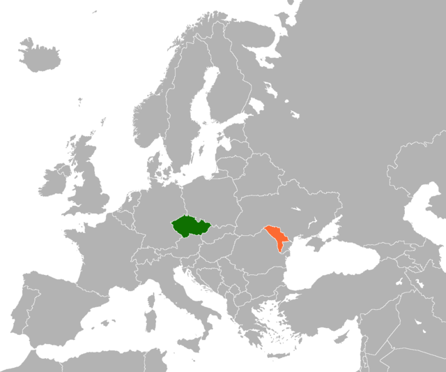 Česko (zelená) a Moldavsko (oranžová) na mapě Evropy