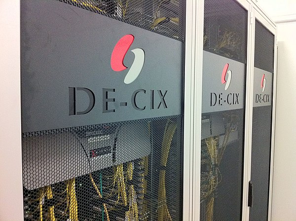 A 19-inch rack used for switches at the DE-CIX in Frankfurt, Germany