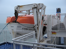 Gravity multi-pivot davit holding rescue vessel on North Sea ferry Davits-starbrd.png