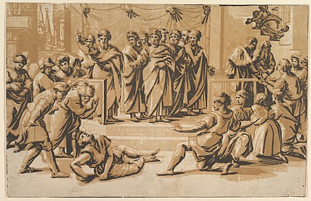 Death of Ananias, chiaroscuro woodcut in three blocks by Ugo da Carpi, 1518 (state without the copyright inscription).