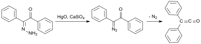 Synthesis of diphenylketene from benzilmonohydrazone Diphenylketen Synthese aus Benzilmonohydrazon.svg