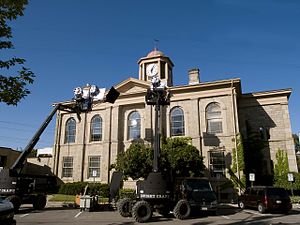 Film production in Dundas Town Hall Dundas Town hall film set.jpg