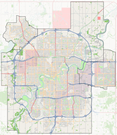 Mapa konturowa Edmonton, w centrum znajduje się punkt z opisem „Commonwealth Stadium”