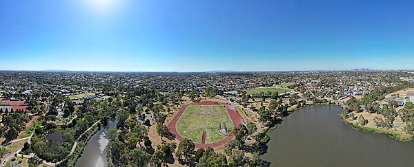 Edwardes Lake in Reservoir with the Preston Athletic Club in the middle of the frame. March 2024.