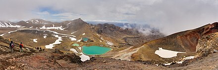 Hikers passing Red Crater (on right) and approaching the Emerald Lakes