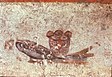 Eucharistic bread and fish, mural art, in Catacombe di San Callisto, Rom