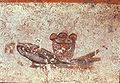Pesce e pane eaucaristico, particolare di pittura su parete 32x30, inizio del III secolo, Catacombe di San Callisto, cripta di Lucina, Roma