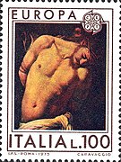 1975 stamp, L.100 lira, uses L. Same series has a L.150 stamp too.