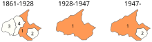 Évolution du territoire d'Oulx. 1. Oulx 2. Sauze d'Oulx 3. Beaulard 4. Savoulx