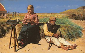 Michael Ancher, Figurer i et landskab. Blinde Kristian og Tine i sandet, 1880.