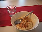 Rice porridge with sugar and cinnamon, typically eaten at Christmas time, is sweeter than other Finnish porridges so it can also be served as a dessert. Finnish Christmas rice porridge.jpg