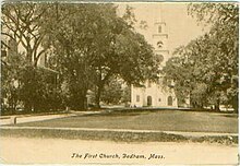 The First Church of Dedham and church green in 1906 First church Dedham Massachusetts 1906.JPG