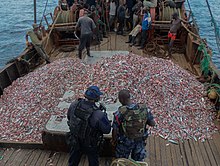 Inspection of fishing vessel suspected of illegal fishing in the Gulf of Guinea by a U.S. Coast Guard law enforcement detachment member and a Ghanaian navy sailor. Fishing check 140402-N-ZZ999-550.jpg