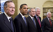 43rd President George W. Bush, then-President-Elect Barack Obama and former Presidents George H. W. Bush, Bill Clinton, and Jimmy Carter to in the Oval Office on January 7, 2009