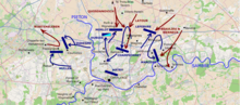 The progress of the battle of Lambusart (16 June) up until 11 am. Kleber's divisions have routed Wartensleben, and Morlot, Lefebvre and Marceau are holding the enemy. Championnet has been outflanked and forced to give ground, opening up a gap in the centre of the French line. FrenchLambusartBefore11.png