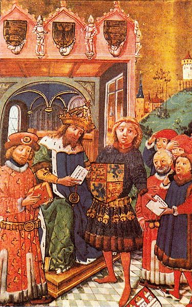 Otto the Child is enfeoffed with Brunswick-Lüneburg by Emperor Frederick II, Lüneburg Sachsenspiegel, 1448