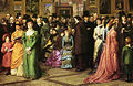 La pintura de William Powell Frith de 1883 contrasta el vestit estètic de les dones (esquerra i dreta) i amb el vestit de moda (centre)