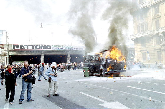20 July 2001, 27th G8 summit in Genoa, Italy: Protesters burn a police vehicle