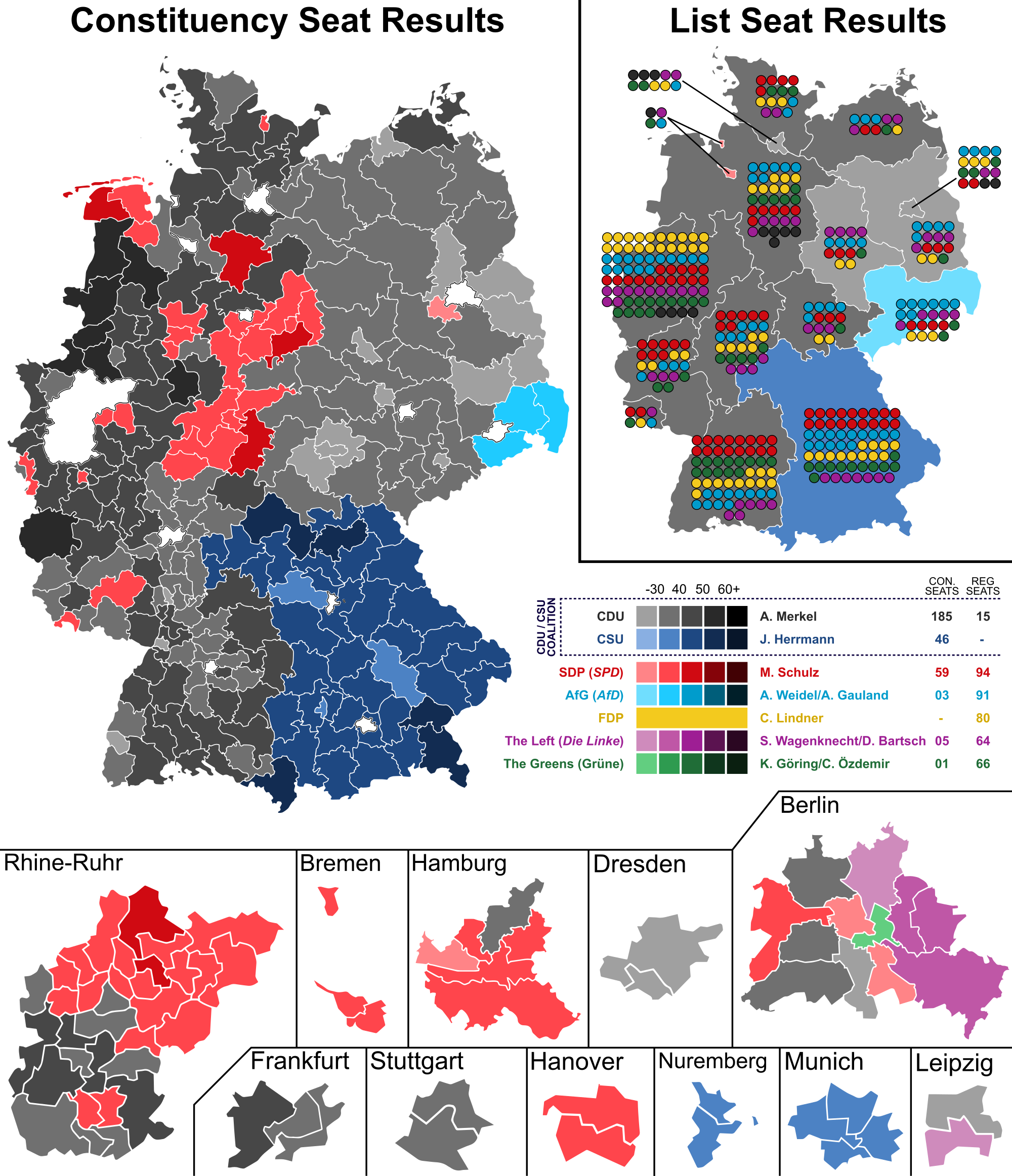 The image shows both the seats directly won by constituency representatives and those gained via party lists. For example, the FDP party (yellow) did not ...