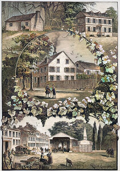 Pictures from Old Germantown: the Pastorius family residences are shown on the upper left (c. 1683) and upper right (c. 1715), the center structure is