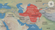 étendue du royaume gréco-bactrien vers 180 av. J.-C. à l'époque de son apogée territorial