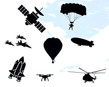 Uydu, uçak, uzay mekiği, helikopter, insansız hava aracı, paraşüt, hava gemisi ve hava balonu.