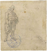 Sketch of a standing genteman label QS:Len,"Sketch of a standing genteman" label QS:Lpl,"Szkic stojącego pana" label QS:Lnl,"Schets van een staande heer" 1600-1634. Graphite on paper. 13.3 × 11.4 cm (5.2 × 4.4 in). City of Brussels, Royal Museums of Fine Arts of Belgium.